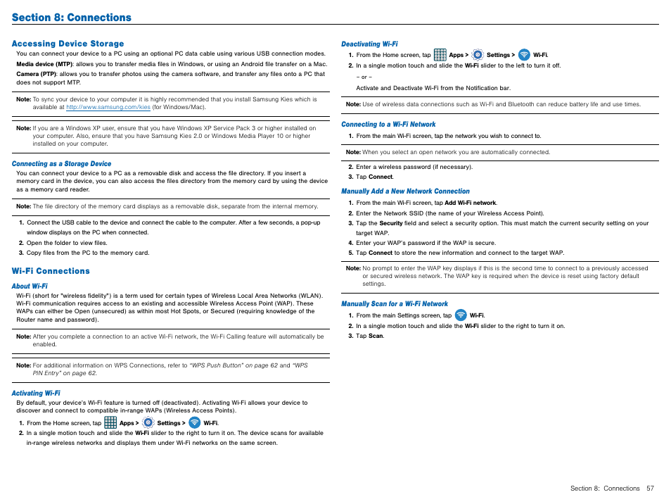 Section 8: connections, Accessing device storage, Wi-fi connections | Accessing device storage wi-fi connections | Samsung Galaxy Avant User Manual | Page 62 / 92