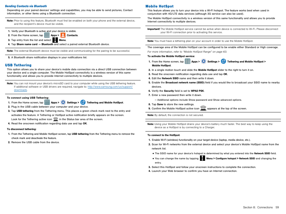 Usb tethering, Mobile hotspot, Usb tethering mobile hotspot | Samsung Galaxy Avant User Manual | Page 64 / 92
