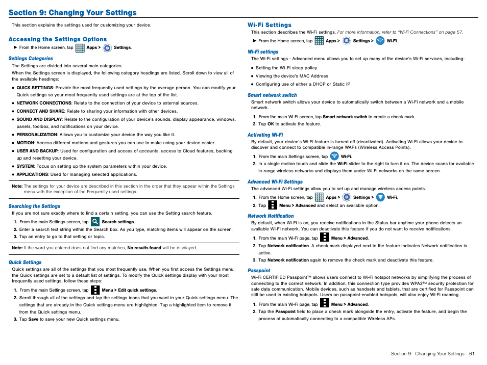 Section 9: changing your settings, Accessing the settings options, Wi-fi settings | Accessing the settings options wi-fi settings | Samsung Galaxy Avant User Manual | Page 66 / 92