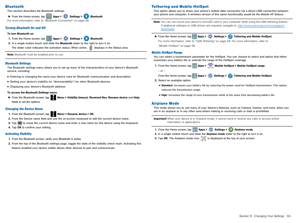 Bluetooth, Tethering and mobile hotspot, Airplane mode | Samsung Galaxy Avant User Manual | Page 68 / 92