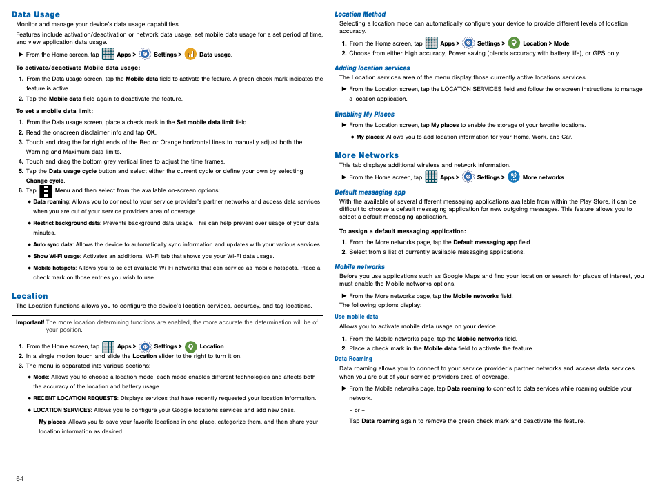 Data usage, Location, More networks | Data usage location more networks | Samsung Galaxy Avant User Manual | Page 69 / 92