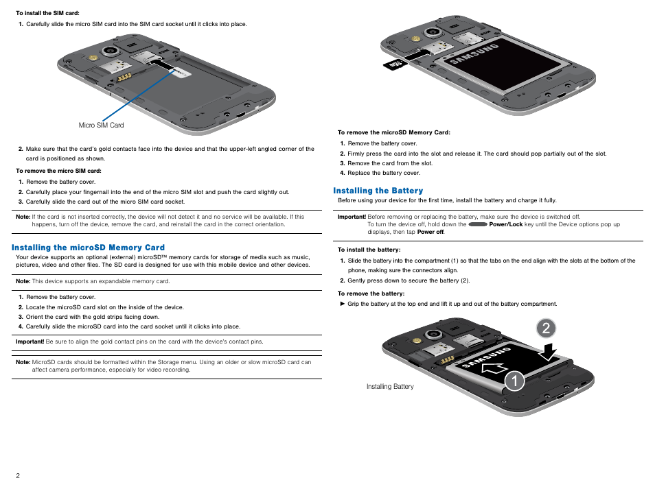 Installing the microsd memory card, Installing the battery | Samsung Galaxy Avant User Manual | Page 7 / 92