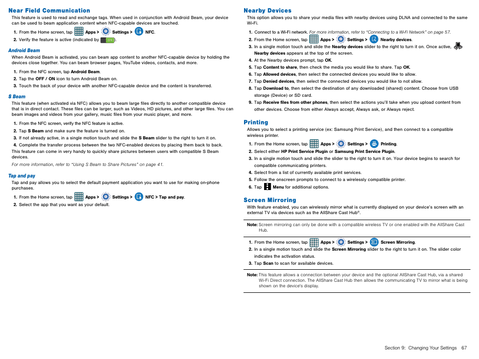 Near field communication, Nearby devices, Printing | Screen mirroring | Samsung Galaxy Avant User Manual | Page 72 / 92