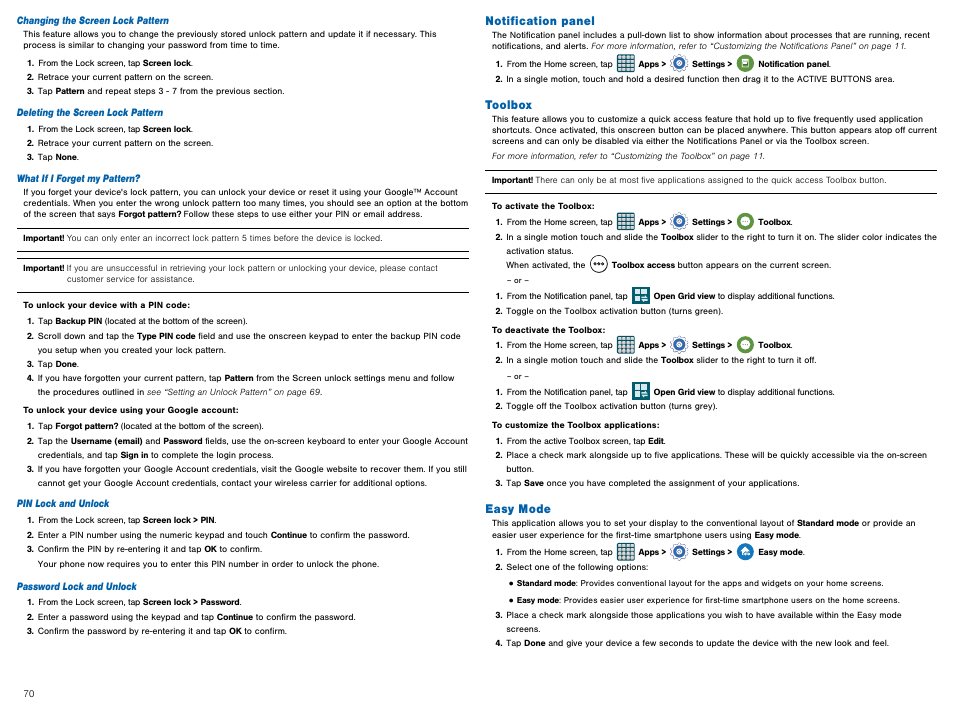 Notification panel, Toolbox, Easy mode | Notification panel toolbox easy mode | Samsung Galaxy Avant User Manual | Page 75 / 92