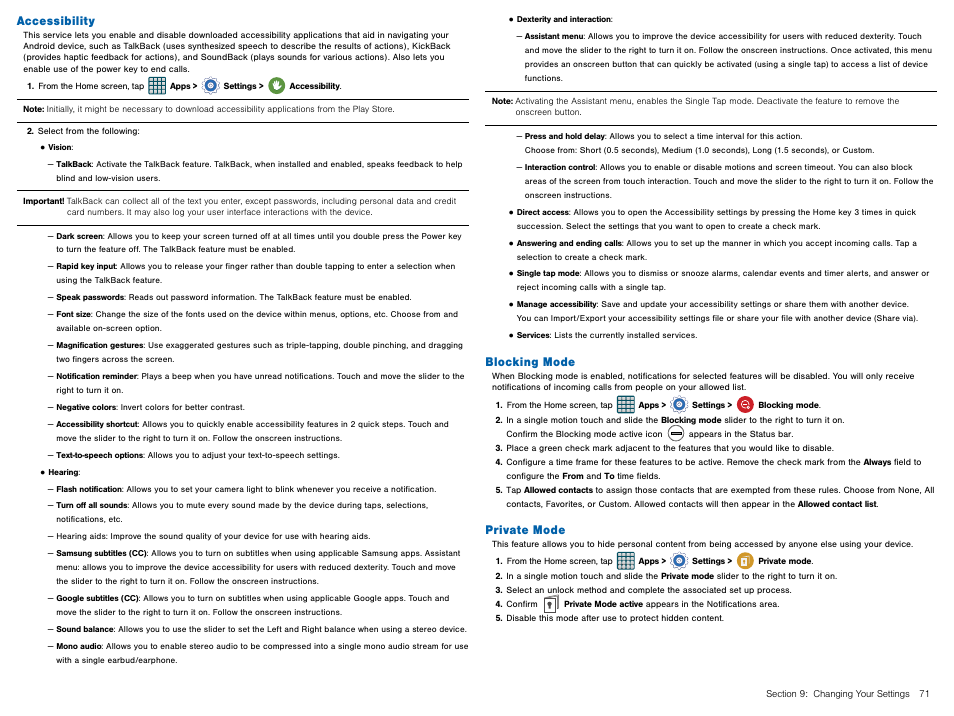 Accessibility, Blocking mode, Private mode | Accessibility blocking mode private mode, For more information, refer | Samsung Galaxy Avant User Manual | Page 76 / 92