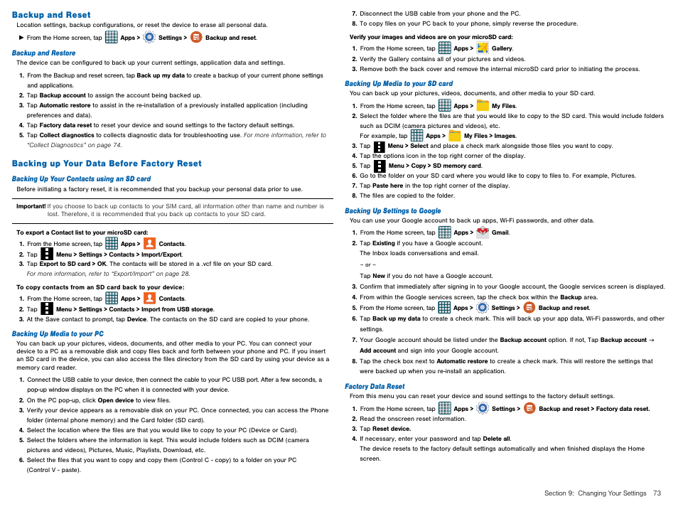 Backup and reset, Backing up your data before factory reset | Samsung Galaxy Avant User Manual | Page 78 / 92