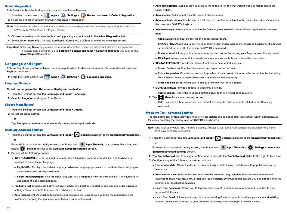 Language and input | Samsung Galaxy Avant User Manual | Page 79 / 92