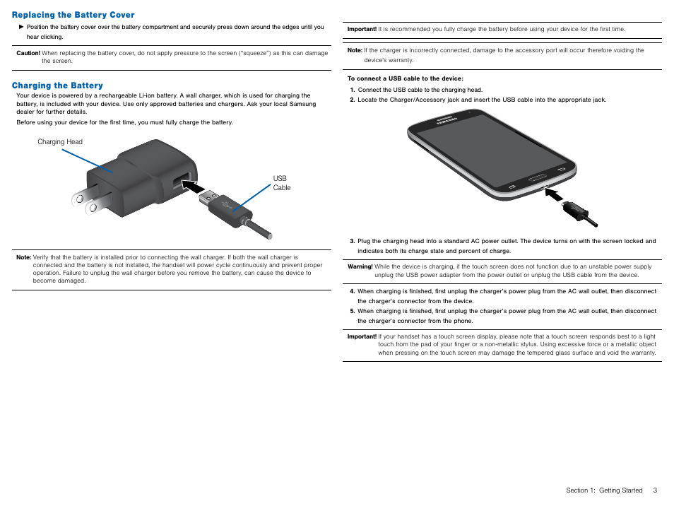 Replacing the battery cover, Charging the battery, Replacing the battery cover charging the battery | Samsung Galaxy Avant User Manual | Page 8 / 92