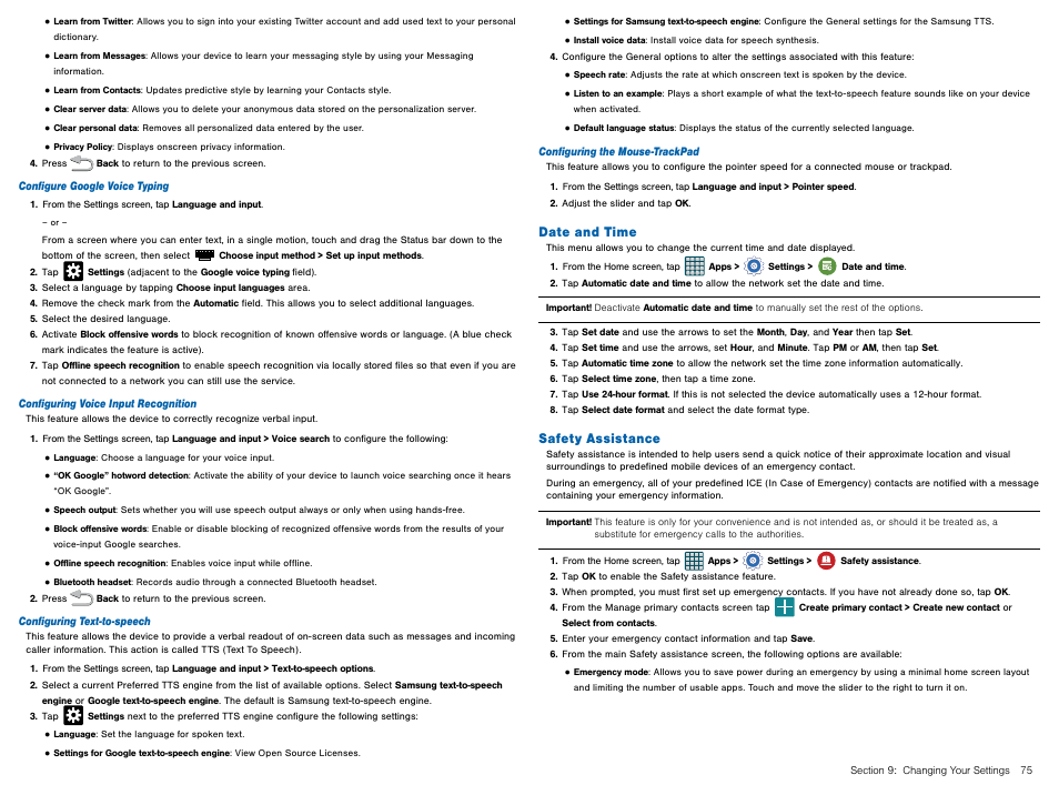 Date and time, Safety assistance, Date and time safety assistance | Samsung Galaxy Avant User Manual | Page 80 / 92