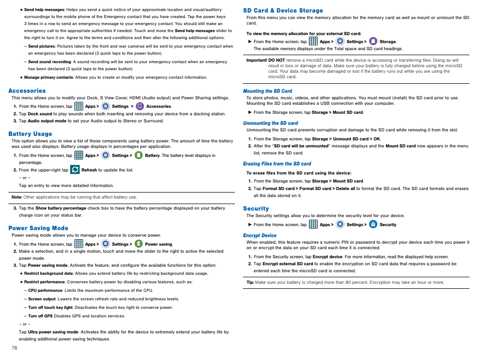 Accessories, Battery usage, Power saving mode | Sd card & device storage, Security | Samsung Galaxy Avant User Manual | Page 81 / 92