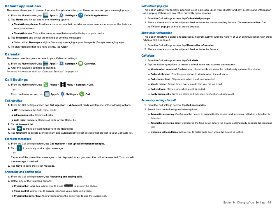 Default applications, Calendar, Call settings | Default applications calendar call settings | Samsung Galaxy Avant User Manual | Page 84 / 92