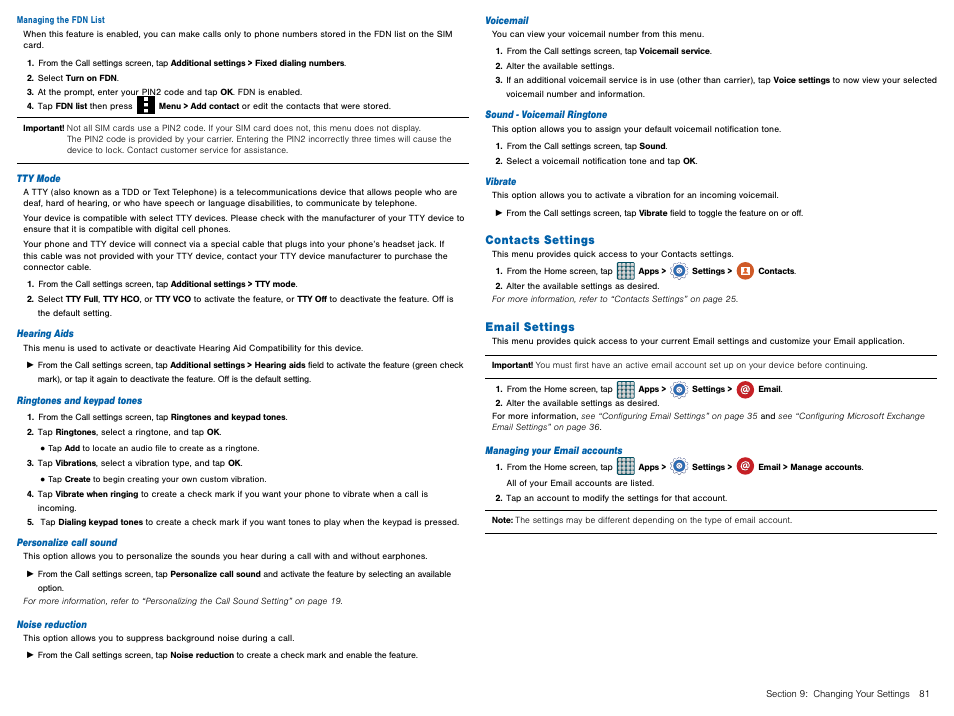 Contacts settings, Email settings, Contacts settings email settings | For more information, refer to “hearing | Samsung Galaxy Avant User Manual | Page 86 / 92
