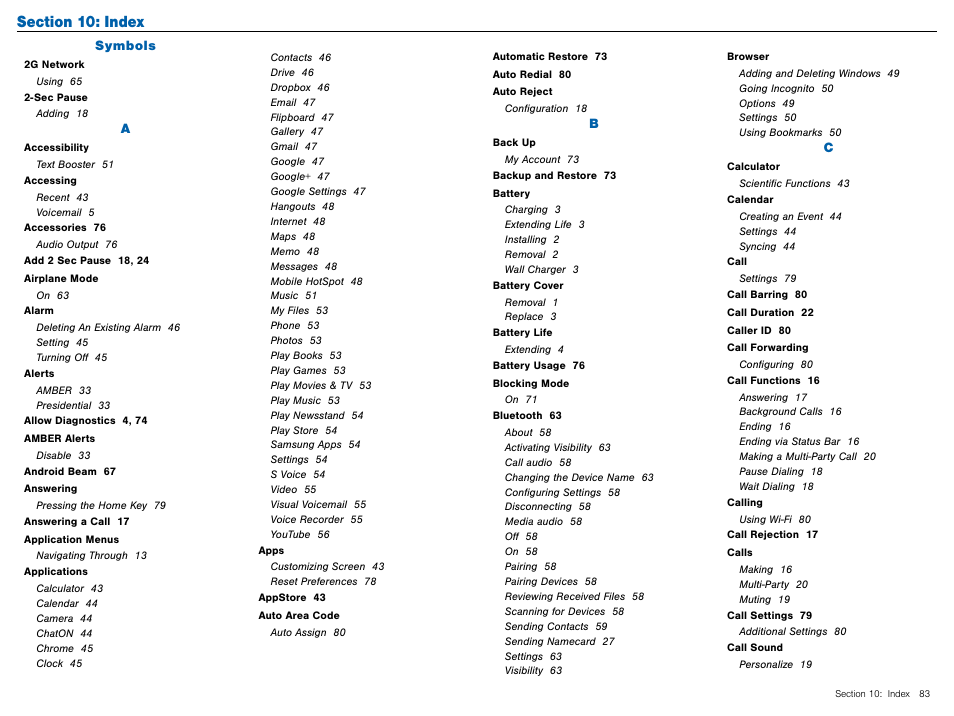 Index, Section 10: index | Samsung Galaxy Avant User Manual | Page 88 / 92