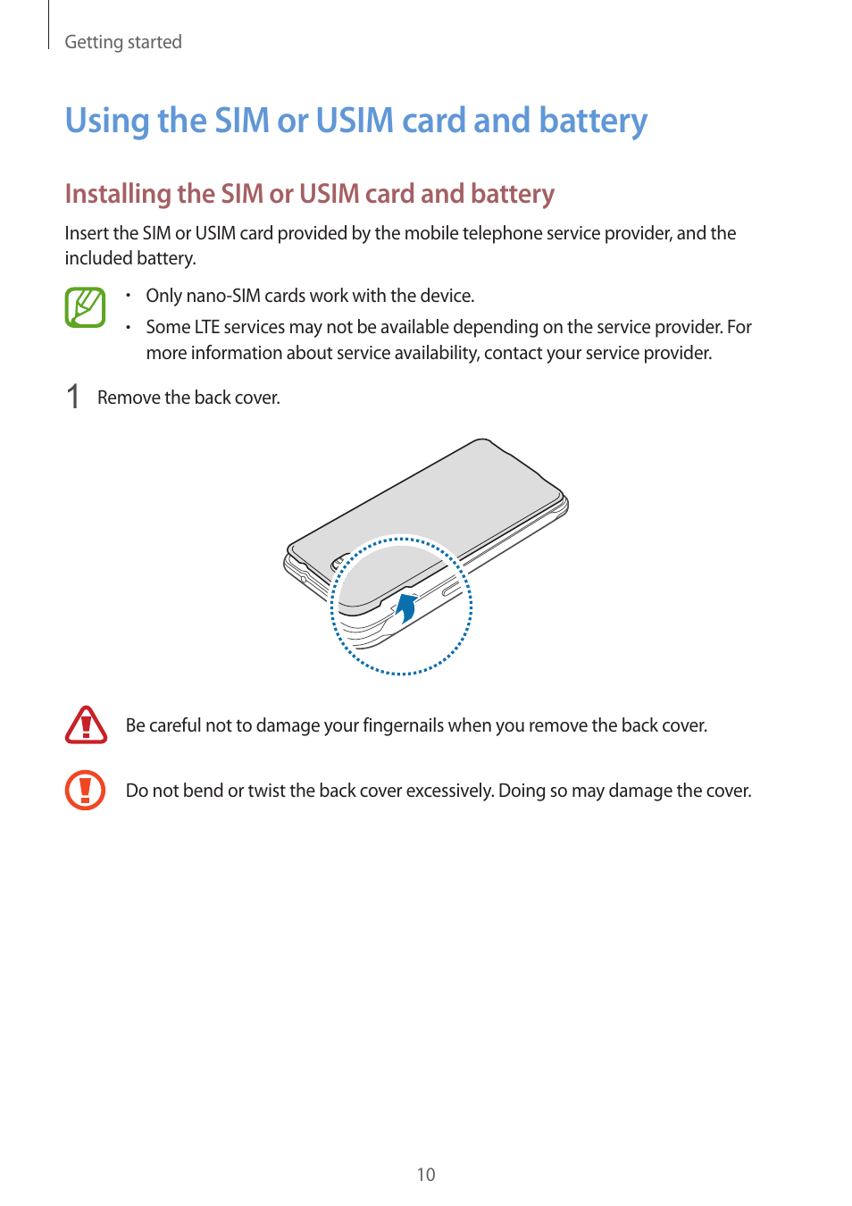 Using the sim or usim card and battery, 10 using the sim or usim card and, Battery | Installing the sim or usim card and battery | Samsung Galaxy Alpha User Manual | Page 10 / 235