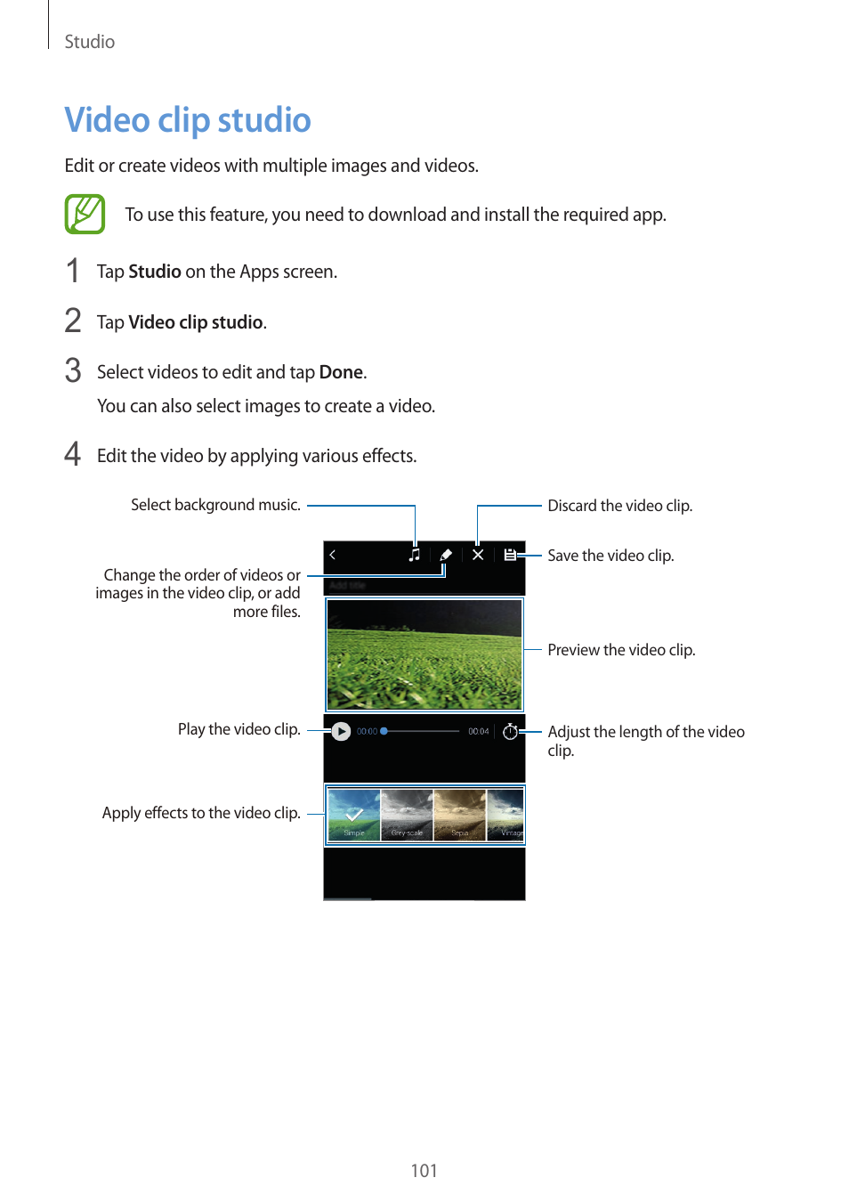 Video clip studio, 101 video clip studio | Samsung Galaxy Alpha User Manual | Page 101 / 235