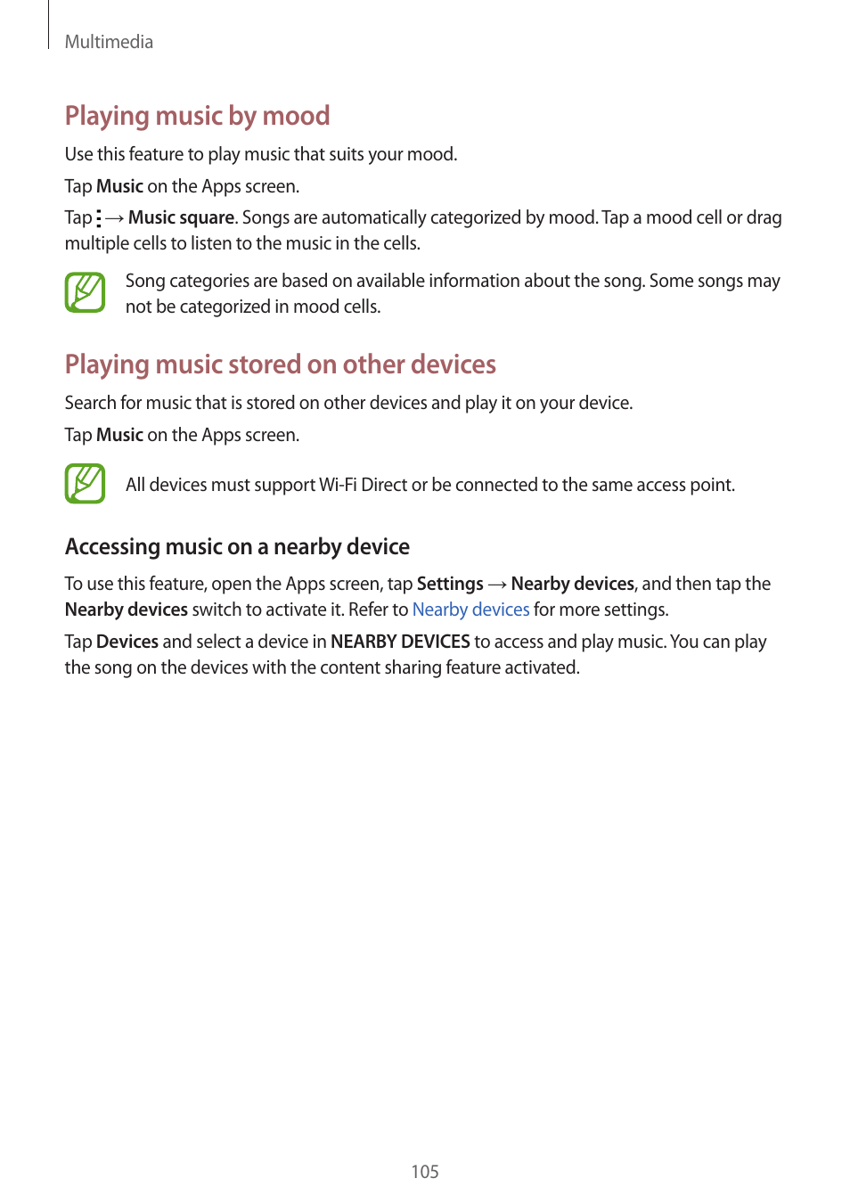 Playing music by mood, Playing music stored on other devices, Accessing music on a nearby device | Samsung Galaxy Alpha User Manual | Page 105 / 235
