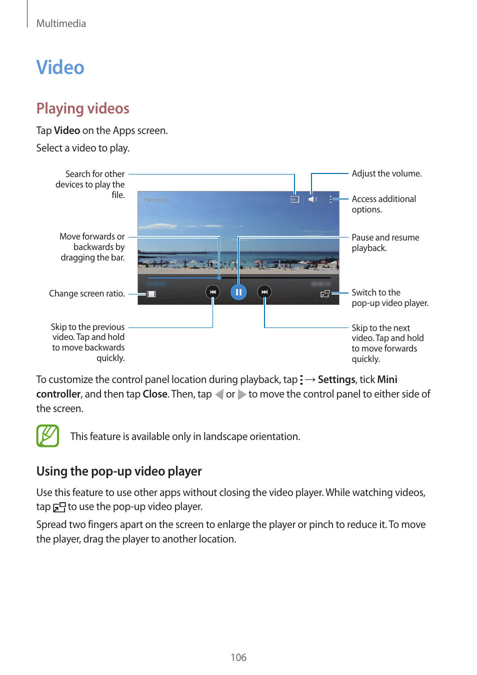 Video, 106 video, Playing videos | Using the pop-up video player | Samsung Galaxy Alpha User Manual | Page 106 / 235