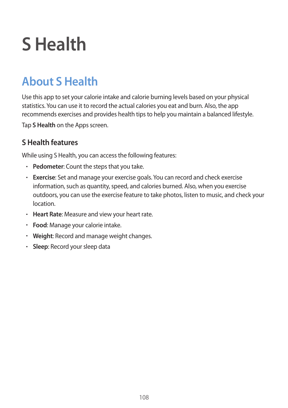 S health, About s health, 108 about s health | Samsung Galaxy Alpha User Manual | Page 108 / 235