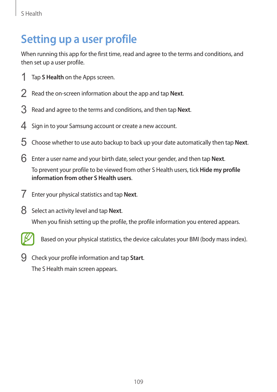 Setting up a user profile, 109 setting up a user profile | Samsung Galaxy Alpha User Manual | Page 109 / 235