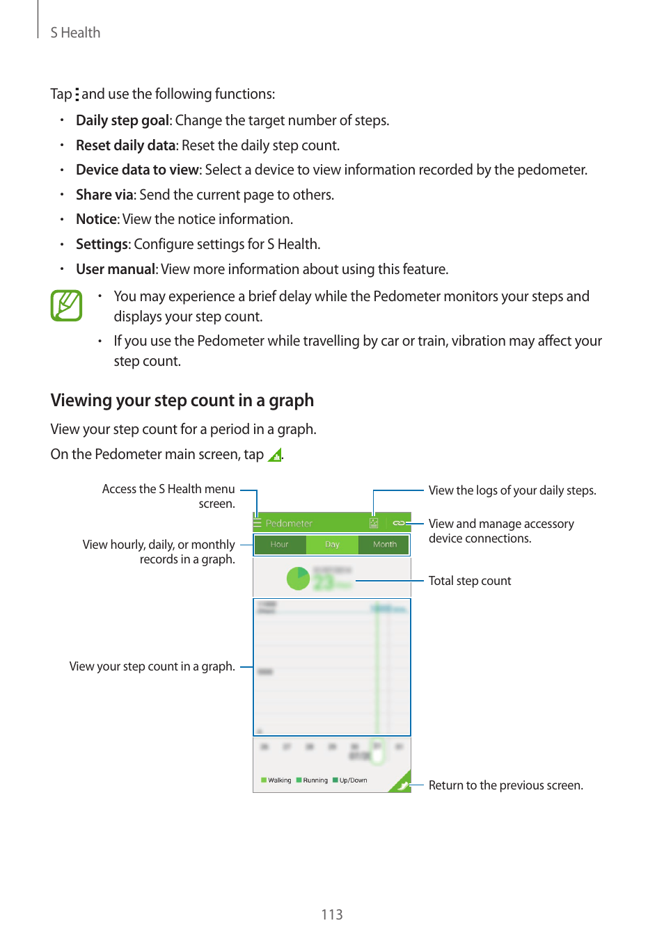 Viewing your step count in a graph | Samsung Galaxy Alpha User Manual | Page 113 / 235