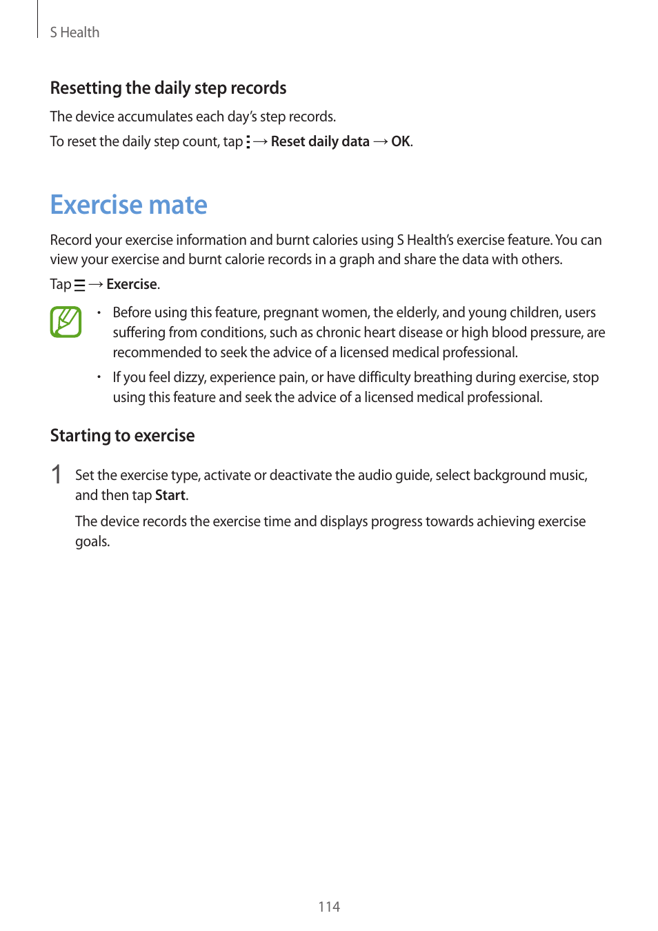 Exercise mate, 114 exercise mate | Samsung Galaxy Alpha User Manual | Page 114 / 235