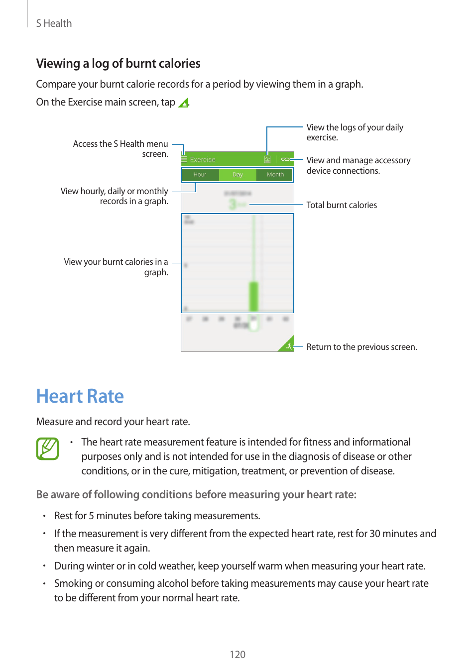 Heart rate, 120 heart rate, Recording food intake | Viewing a log of burnt calories | Samsung Galaxy Alpha User Manual | Page 120 / 235