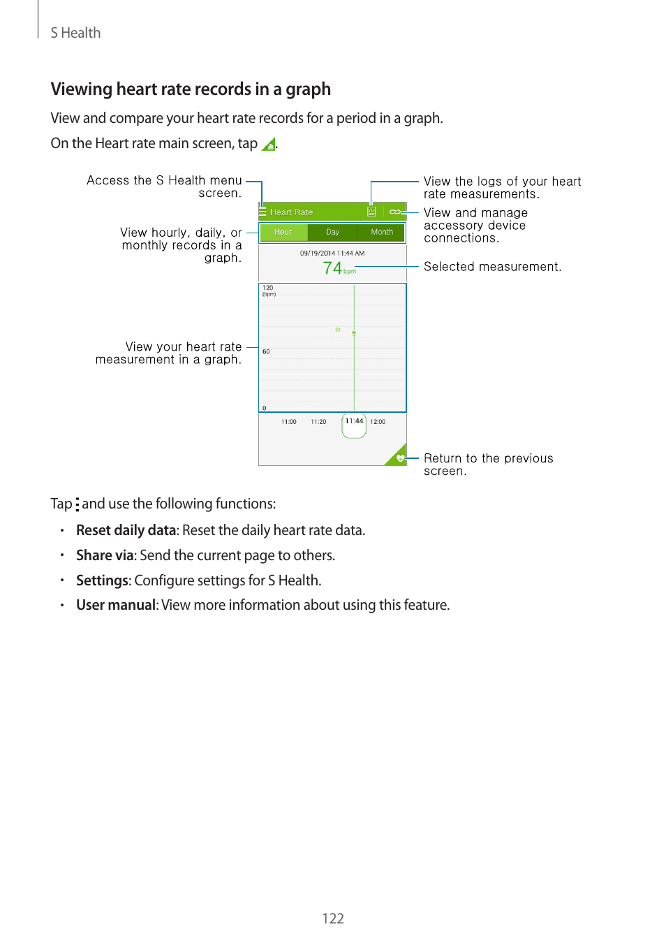 Viewing heart rate records in a graph | Samsung Galaxy Alpha User Manual | Page 122 / 235
