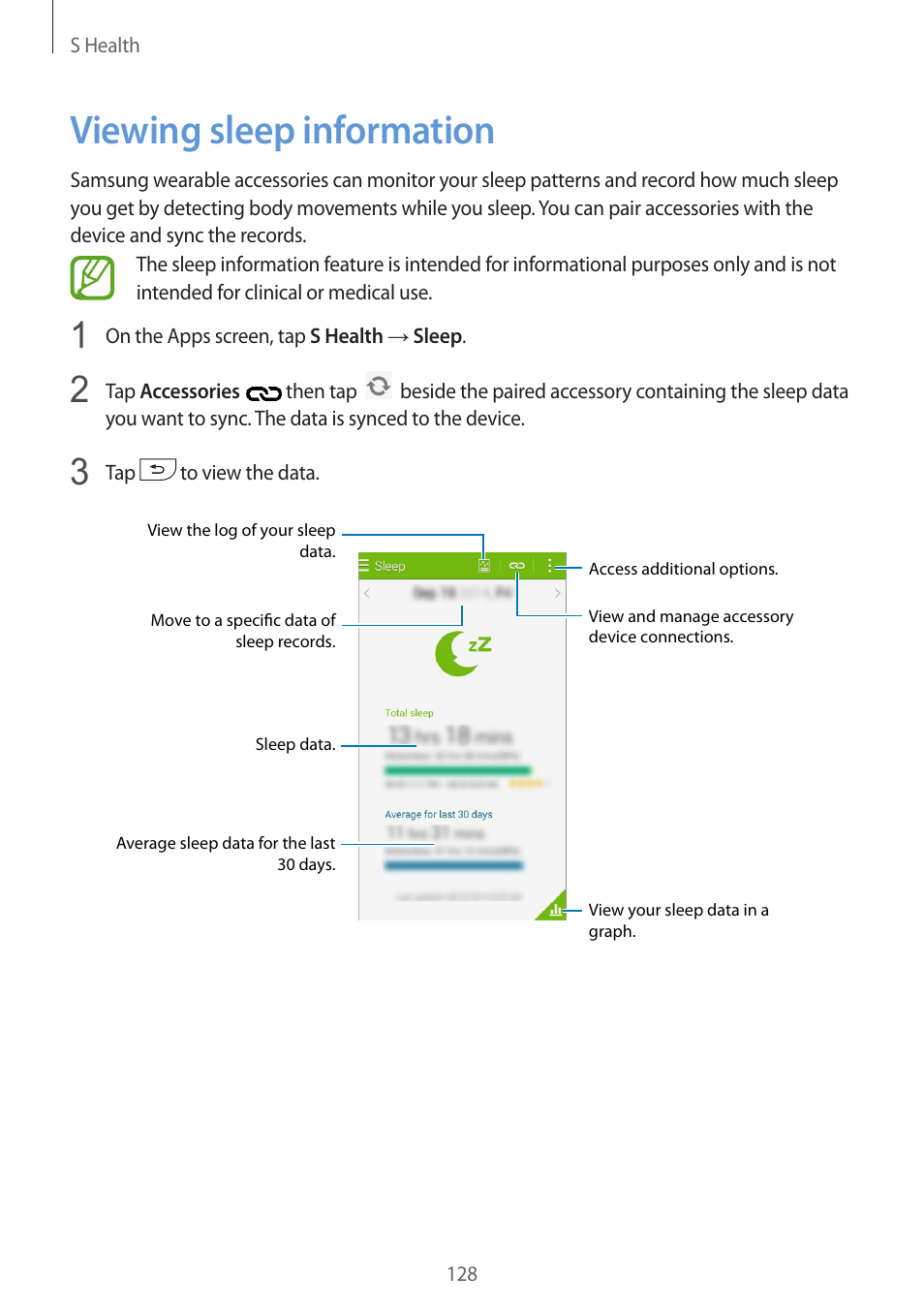 Viewing sleep information, 128 viewing sleep information | Samsung Galaxy Alpha User Manual | Page 128 / 235