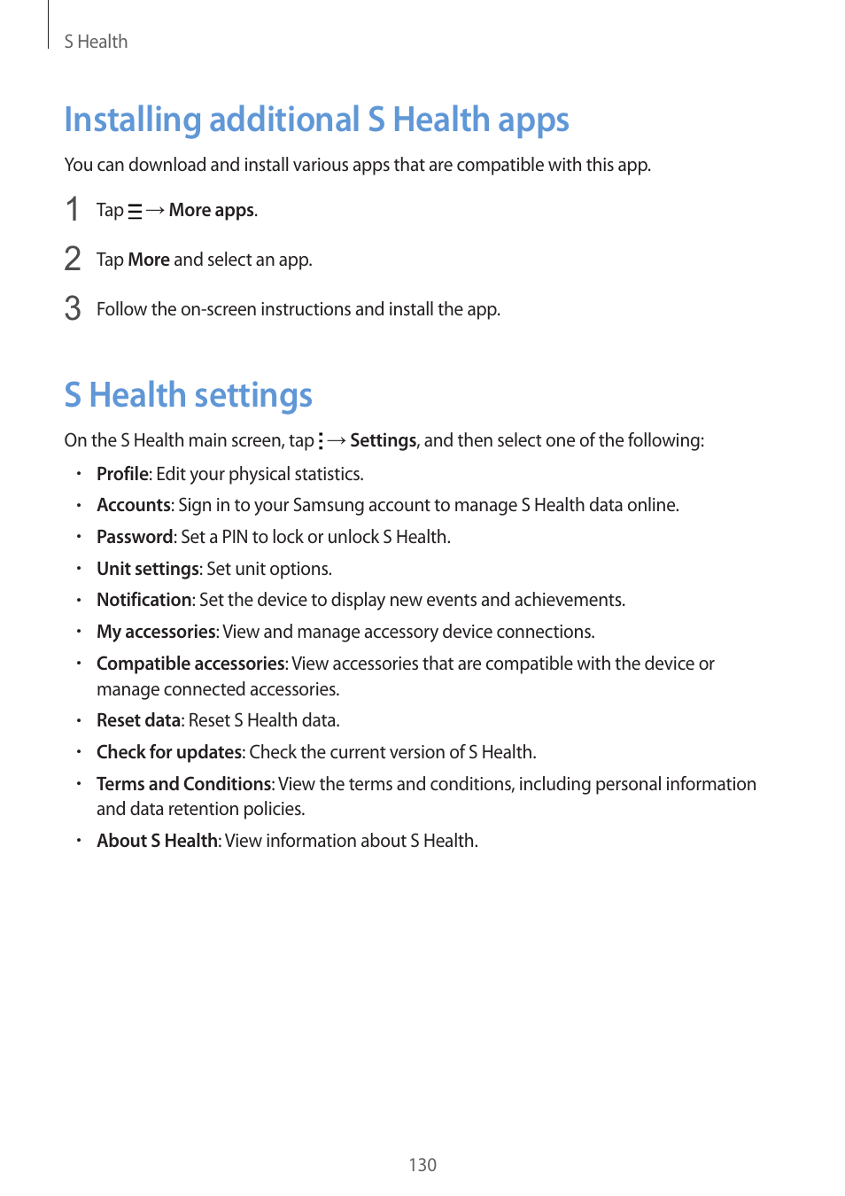 Installing additional s health apps, S health settings | Samsung Galaxy Alpha User Manual | Page 130 / 235