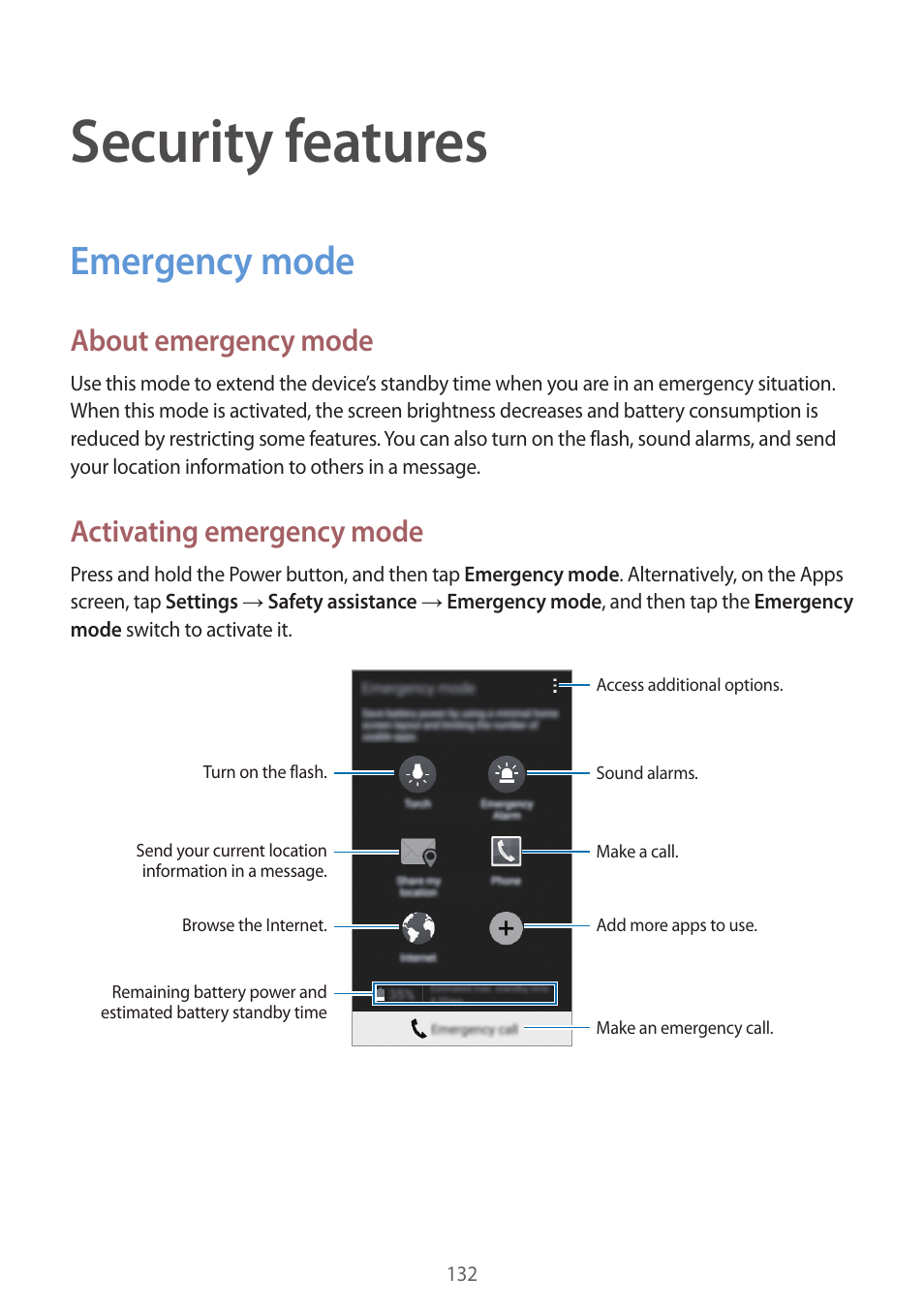 Security features, Emergency mode, 132 emergency mode | About emergency mode, Activating emergency mode | Samsung Galaxy Alpha User Manual | Page 132 / 235