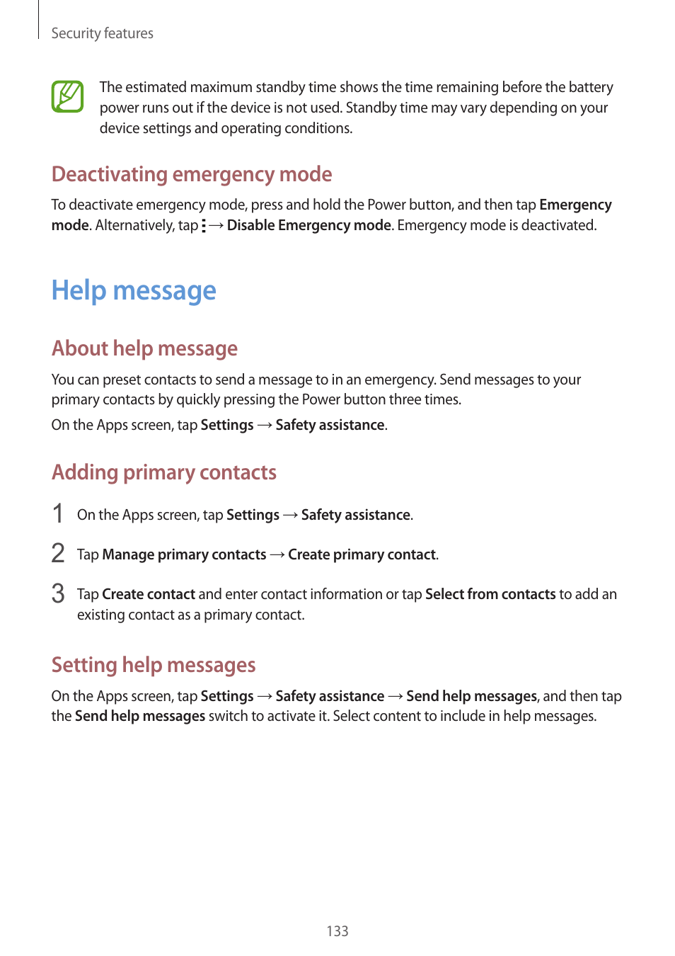 Help message, 133 help message, Deactivating emergency mode | About help message, Adding primary contacts, Setting help messages | Samsung Galaxy Alpha User Manual | Page 133 / 235