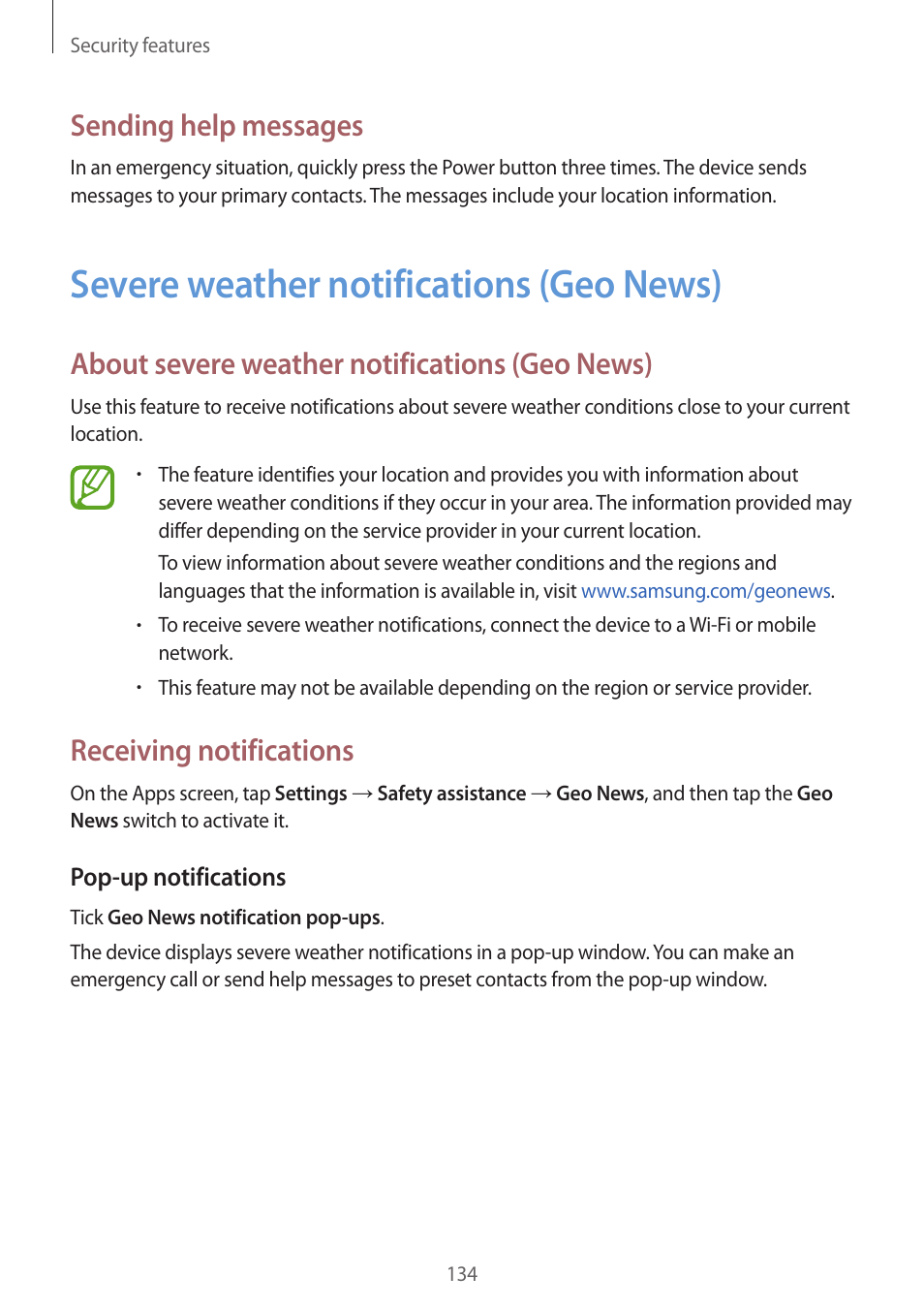 Severe weather notifications (geo news), 134 severe weather notifications (geo, News) | Sending help messages, About severe weather notifications (geo news), Receiving notifications | Samsung Galaxy Alpha User Manual | Page 134 / 235