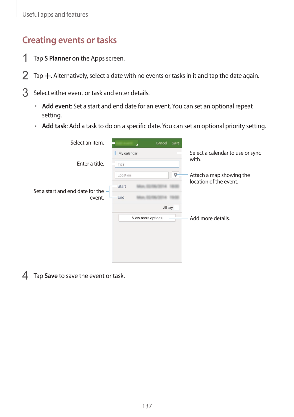 Creating events or tasks | Samsung Galaxy Alpha User Manual | Page 137 / 235