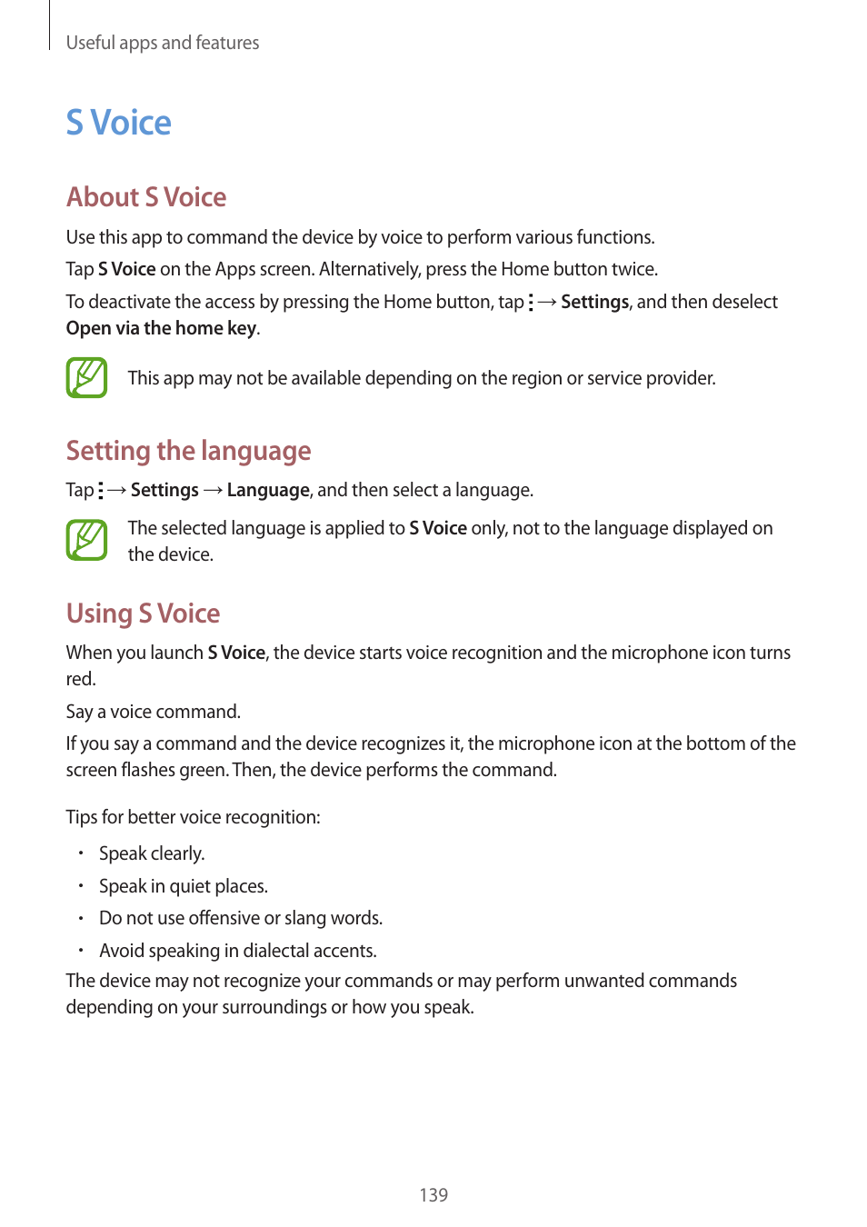 S voice, 139 s voice, About s voice | Setting the language, Using s voice | Samsung Galaxy Alpha User Manual | Page 139 / 235