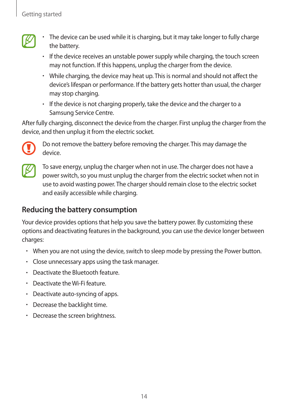 Reducing the battery consumption | Samsung Galaxy Alpha User Manual | Page 14 / 235