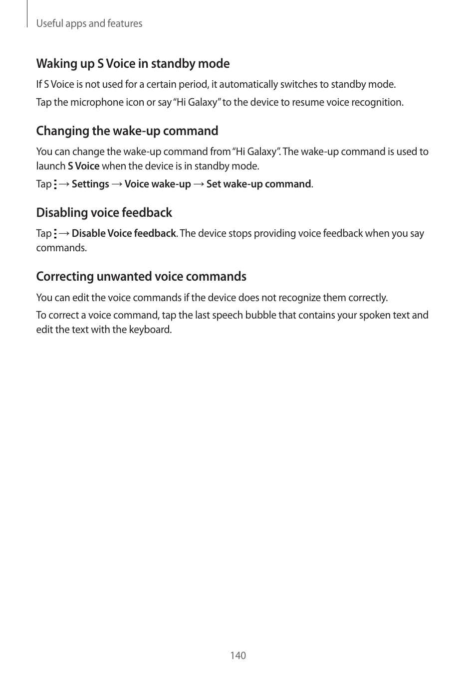 Waking up s voice in standby mode, Changing the wake-up command, Disabling voice feedback | Correcting unwanted voice commands | Samsung Galaxy Alpha User Manual | Page 140 / 235