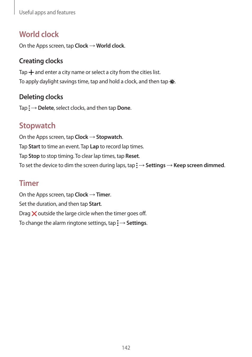 World clock, Stopwatch, Timer | Samsung Galaxy Alpha User Manual | Page 142 / 235