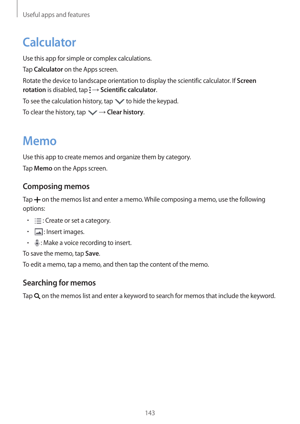 Calculator, Memo, 143 calculator 143 memo | Samsung Galaxy Alpha User Manual | Page 143 / 235
