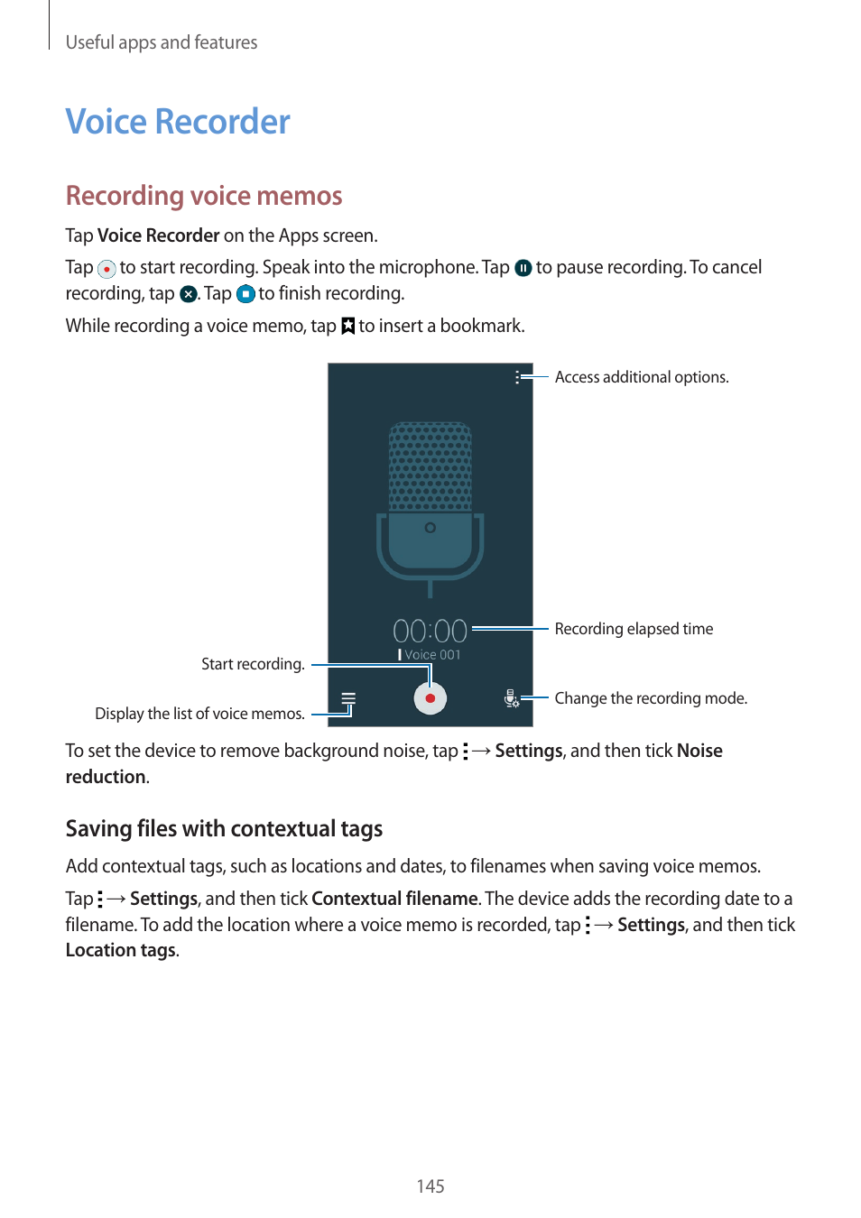 Voice recorder, 145 voice recorder, Saving files with contextual tags | Samsung Galaxy Alpha User Manual | Page 145 / 235