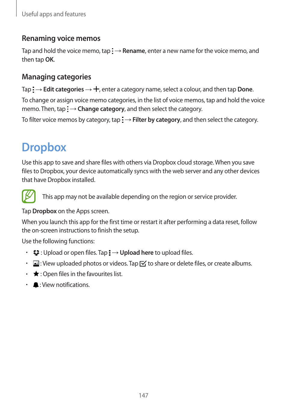 Dropbox, 147 dropbox, Managing categories | Samsung Galaxy Alpha User Manual | Page 147 / 235