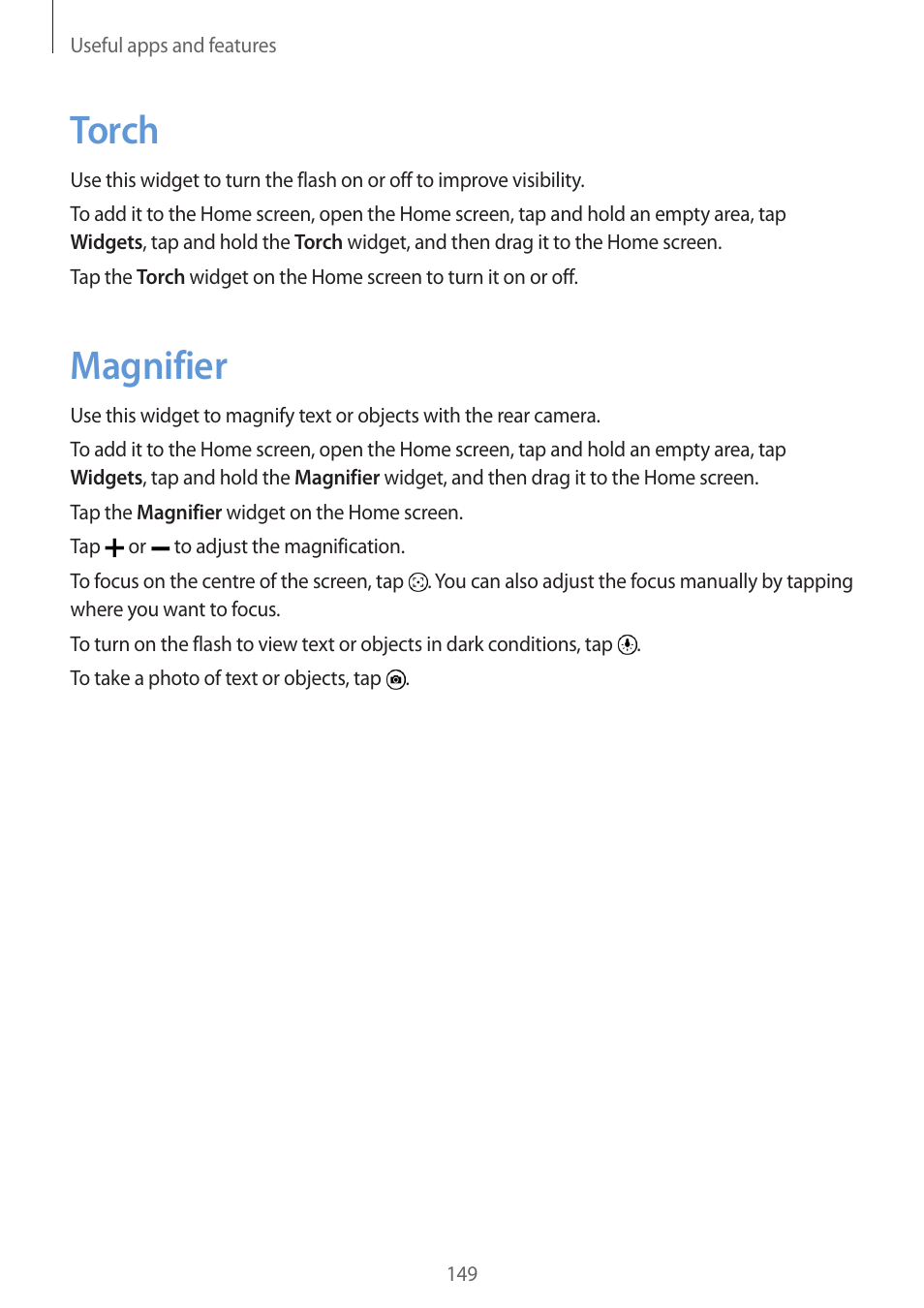 Torch, Magnifier, 149 torch 149 magnifier | Samsung Galaxy Alpha User Manual | Page 149 / 235