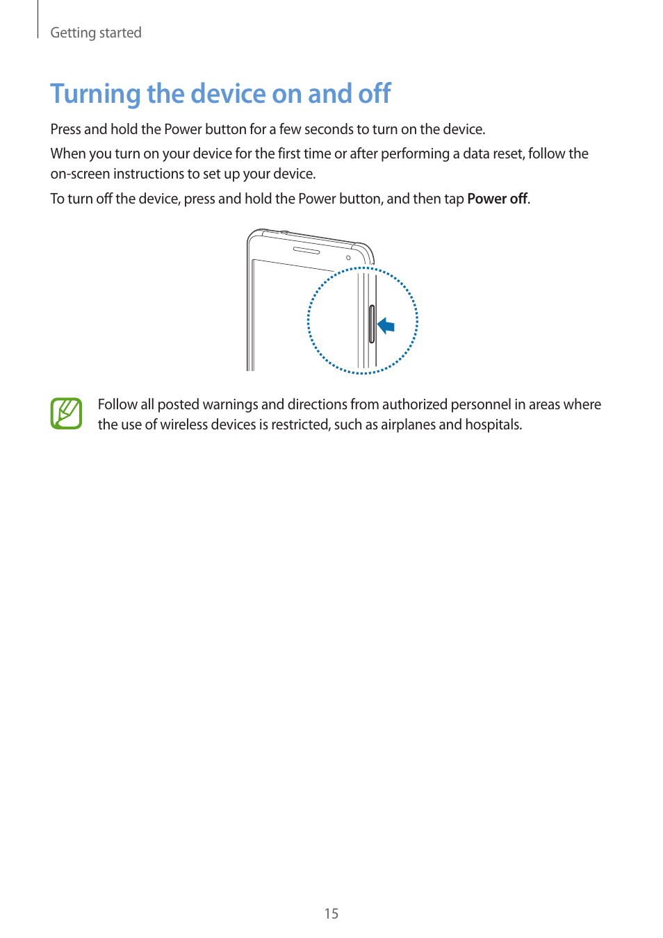 Turning the device on and off, 15 turning the device on and off | Samsung Galaxy Alpha User Manual | Page 15 / 235
