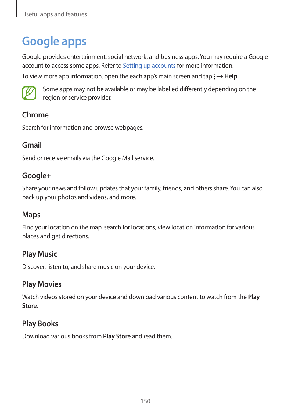 Google apps, 150 google apps | Samsung Galaxy Alpha User Manual | Page 150 / 235