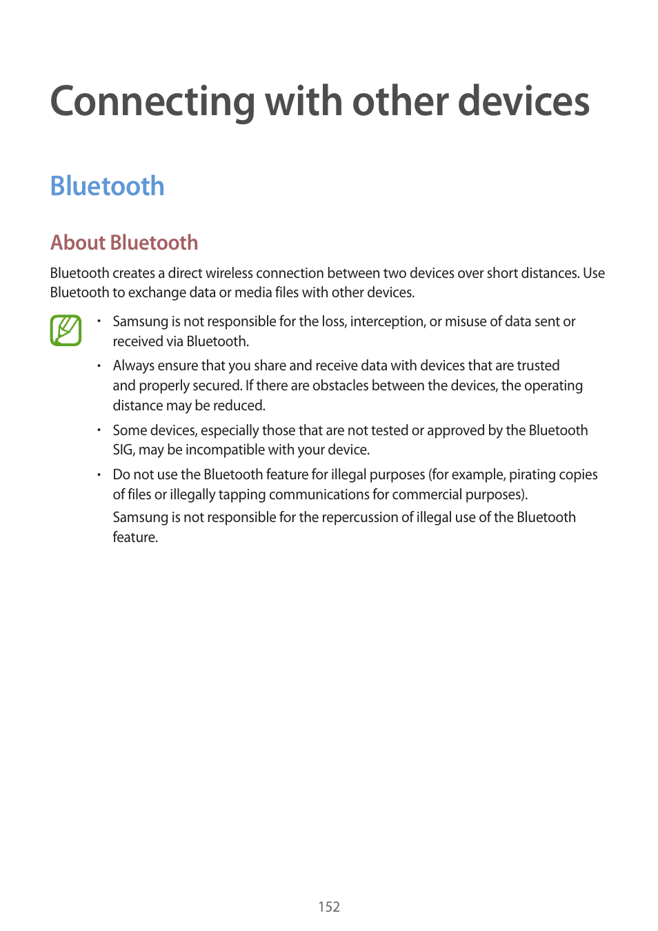 Connecting with other devices, Bluetooth, Connecting with other | Devices, 152 bluetooth, About bluetooth | Samsung Galaxy Alpha User Manual | Page 152 / 235