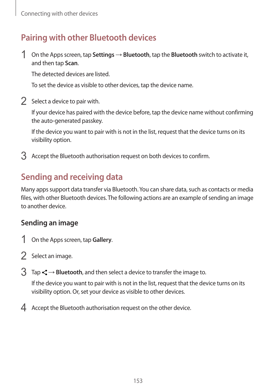 Pairing with other bluetooth devices, Sending and receiving data | Samsung Galaxy Alpha User Manual | Page 153 / 235