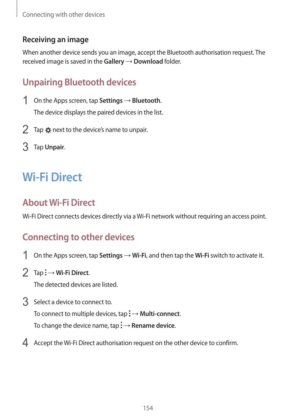 Wi-fi direct, 154 wi-fi direct, Unpairing bluetooth devices | About wi-fi direct, Connecting to other devices | Samsung Galaxy Alpha User Manual | Page 154 / 235