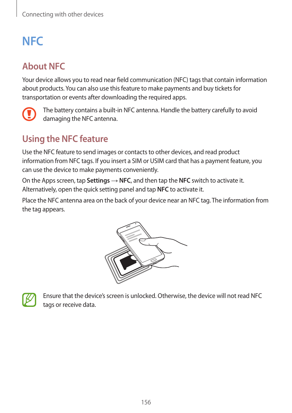 156 nfc, About nfc, Using the nfc feature | Samsung Galaxy Alpha User Manual | Page 156 / 235