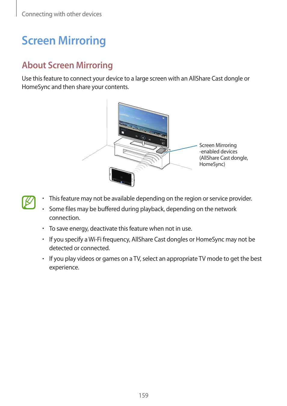 Screen mirroring, 159 screen mirroring, About screen mirroring | Samsung Galaxy Alpha User Manual | Page 159 / 235