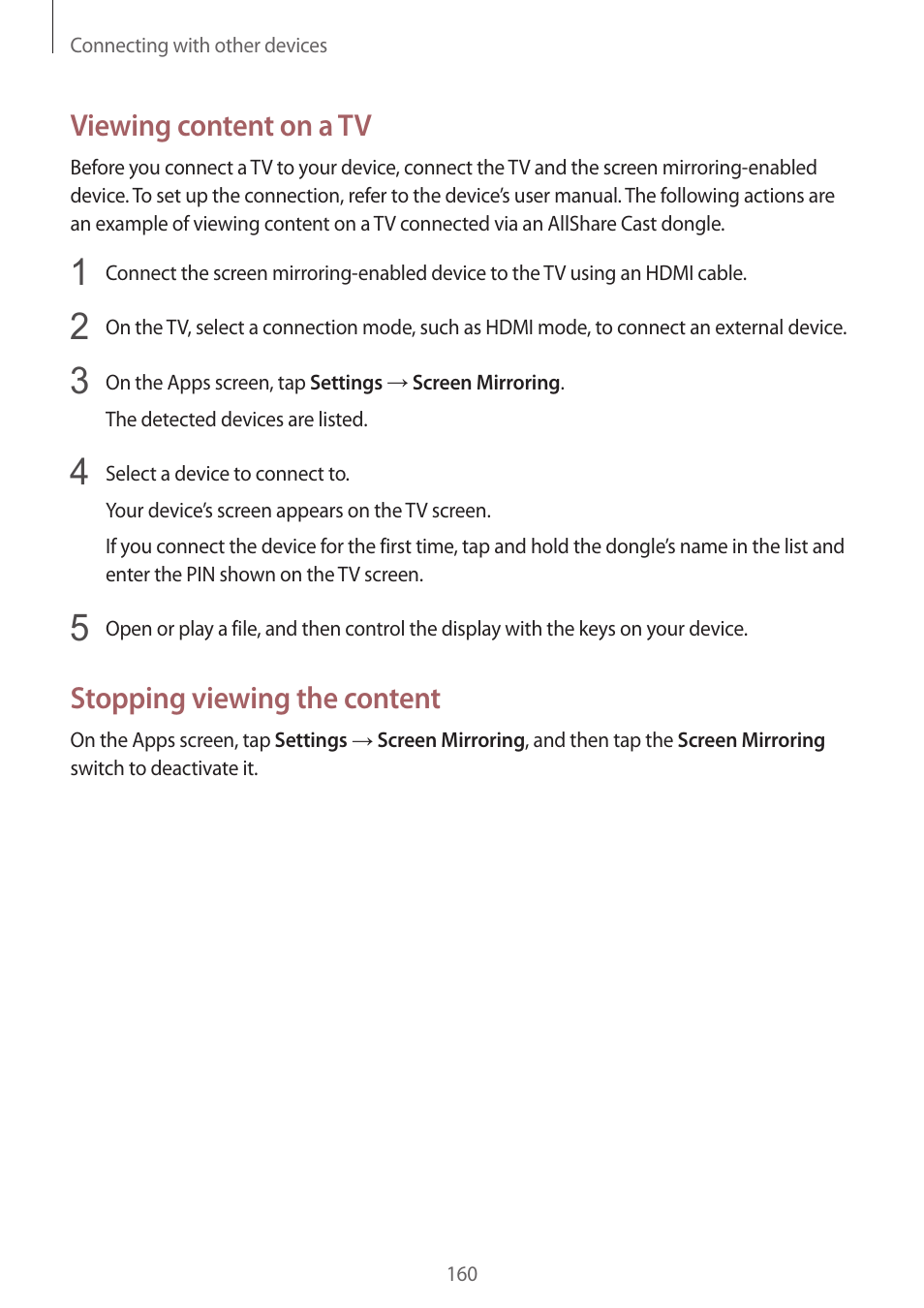 Viewing content on a tv, Stopping viewing the content | Samsung Galaxy Alpha User Manual | Page 160 / 235