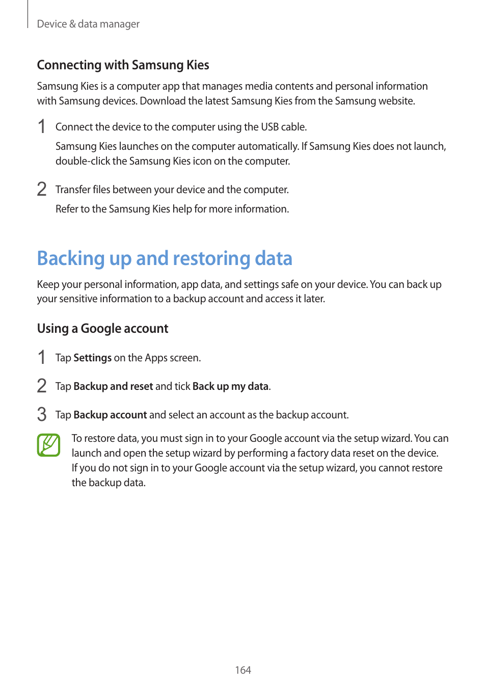 Backing up and restoring data, 164 backing up and restoring data | Samsung Galaxy Alpha User Manual | Page 164 / 235